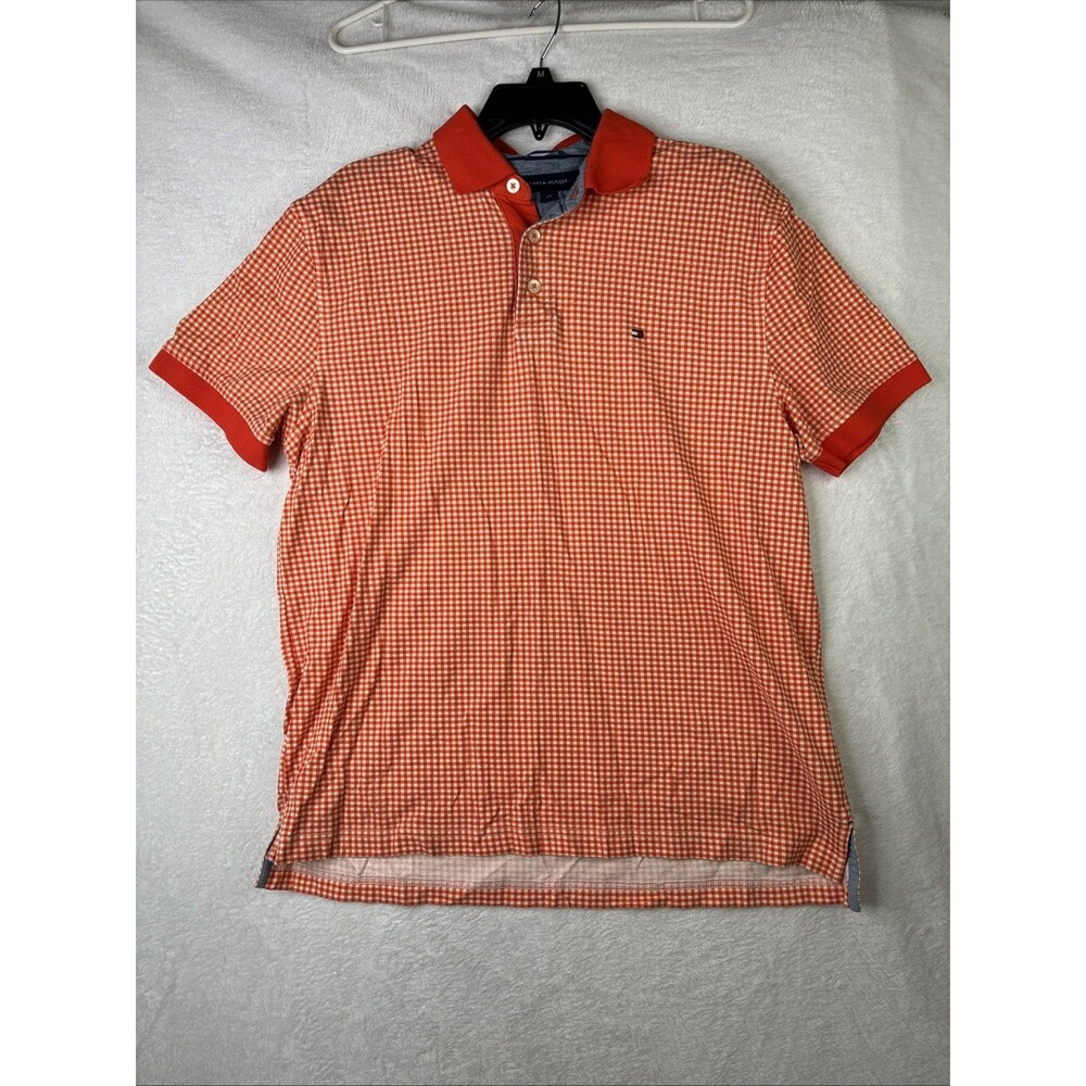 Tommy Hilfiger Mens Large Orange White Gingham Check Polo Shirt Short Sleeve